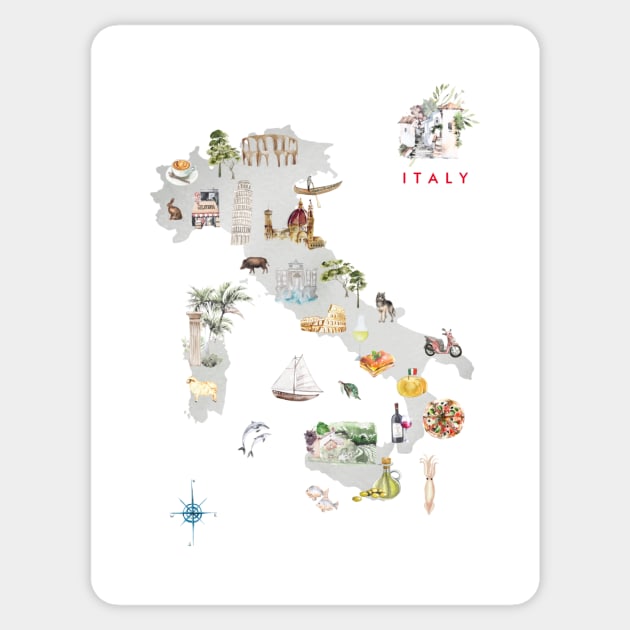 Illustrated Map of Italy Sticker by crazycanonmom